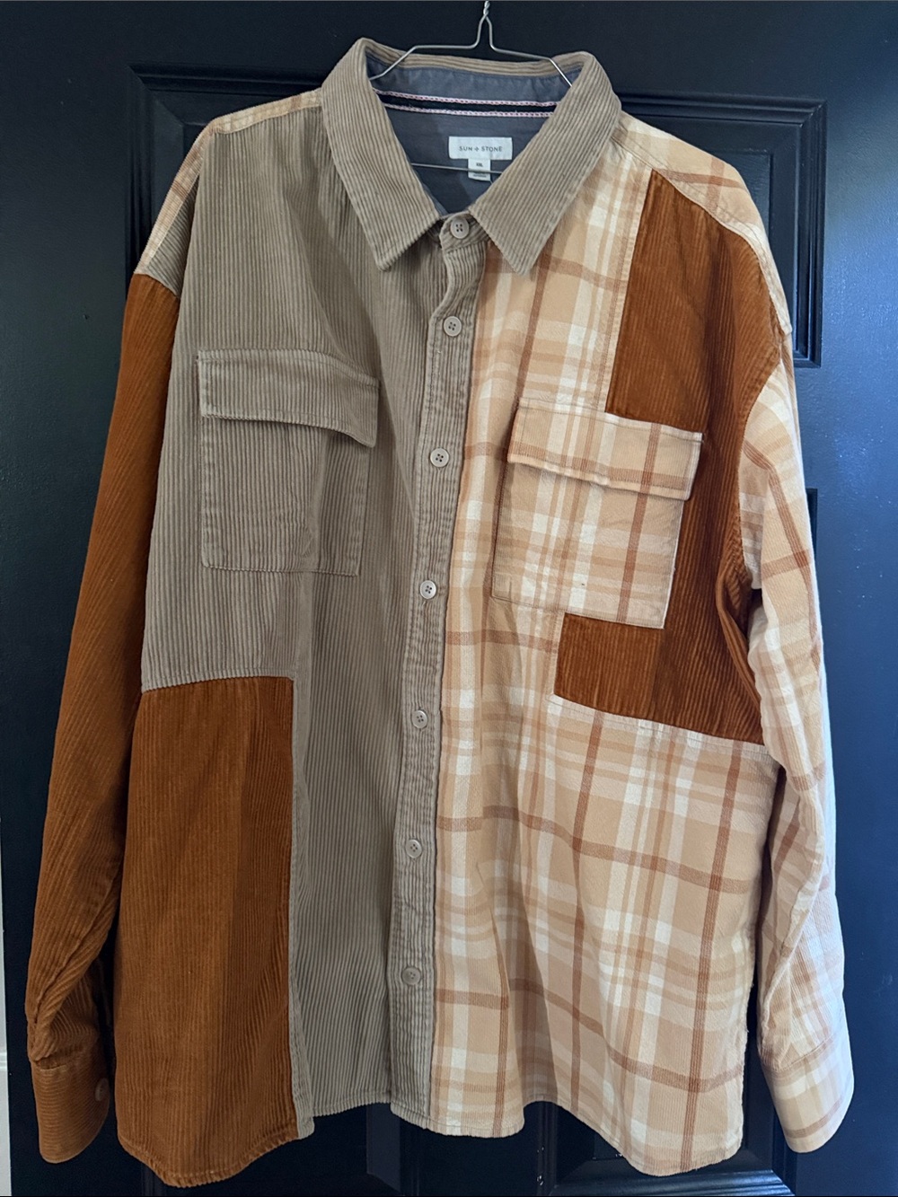 Patchwork Corduroy & Plaid Button-Up Shirt - Beige, Tan & Rust
